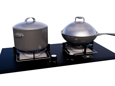 Black Gas Stove With Covered Pot Wok And Blue Flame Kitchen Appliances 3d model