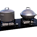 Black Gas Stove With Covered Pot Wok And Blue Flame Kitchen Appliances