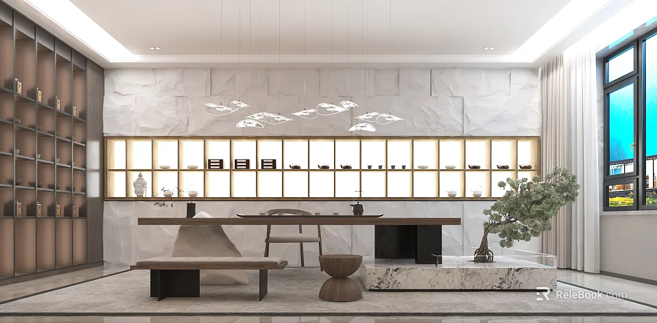 Modern Teahouse With Marble Wall Wooden Shelves Long Wooden Table Stone Stools And Pendant Lights 3d model 