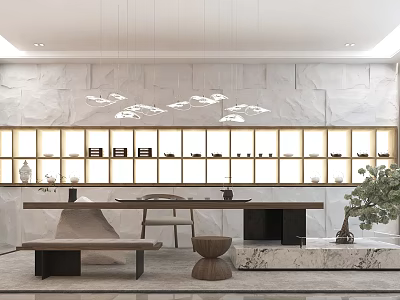 Modern Teahouse With Marble Wall Wooden Shelves Long Wooden Table Stone Stools And Pendant Lights 3d model