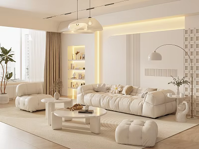 Modern Living Room Interior Design With Beige Sofa Round Coffee Table Floor Lamp And Plant 3d model