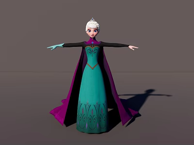 Woman With White Hair Wearing Crown In Teal Dress And Purple Cape With Arms Outstretched 3d model