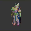 Mythical Knight in Blue and Gold Armor With Winged Helmet and Ornate Details