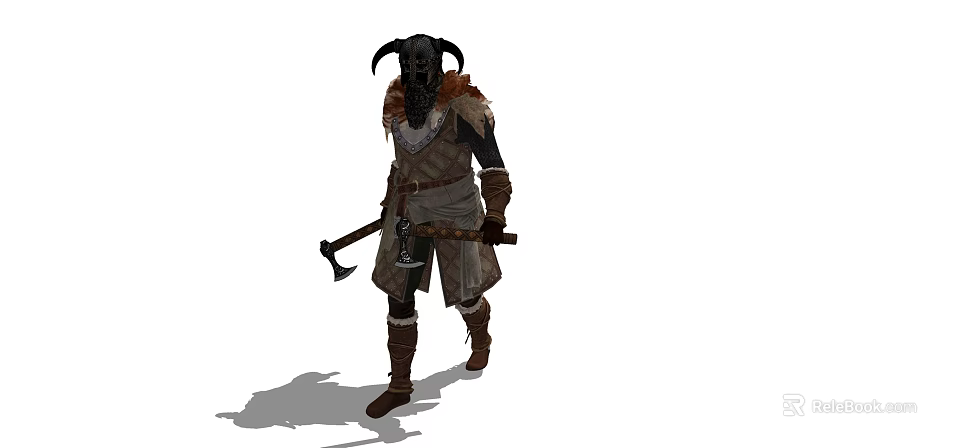 Fantasy Game Movie Character With Horned Helmet Leather Armor And Axe 3d model 