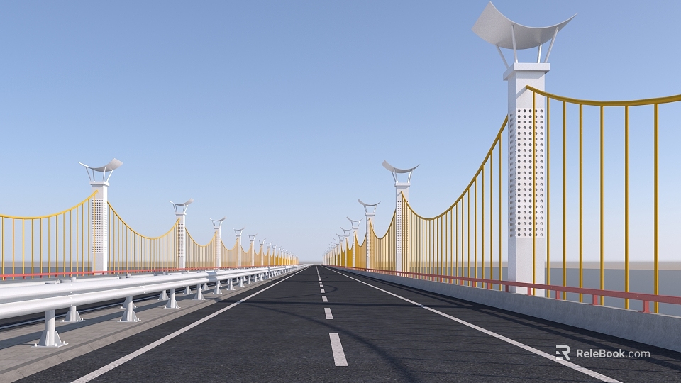 Modern Bridge with Yellow Railings White Lamp Posts Wide Black Road Surface Under Blue Sky 3d model 