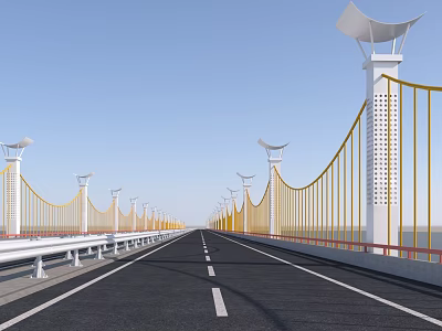 Modern Bridge with Yellow Railings White Lamp Posts Wide Black Road Surface Under Blue Sky 3d model