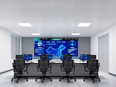 Modern Monitoring Room With Large Screen Data Display Multiple Computer Workstations And Ergonomic Chairs 3d model