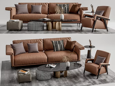 Modern Brown Leather Sofa and Coffee Table Set with Accent Chair Pillows and Decorative Items 3d model