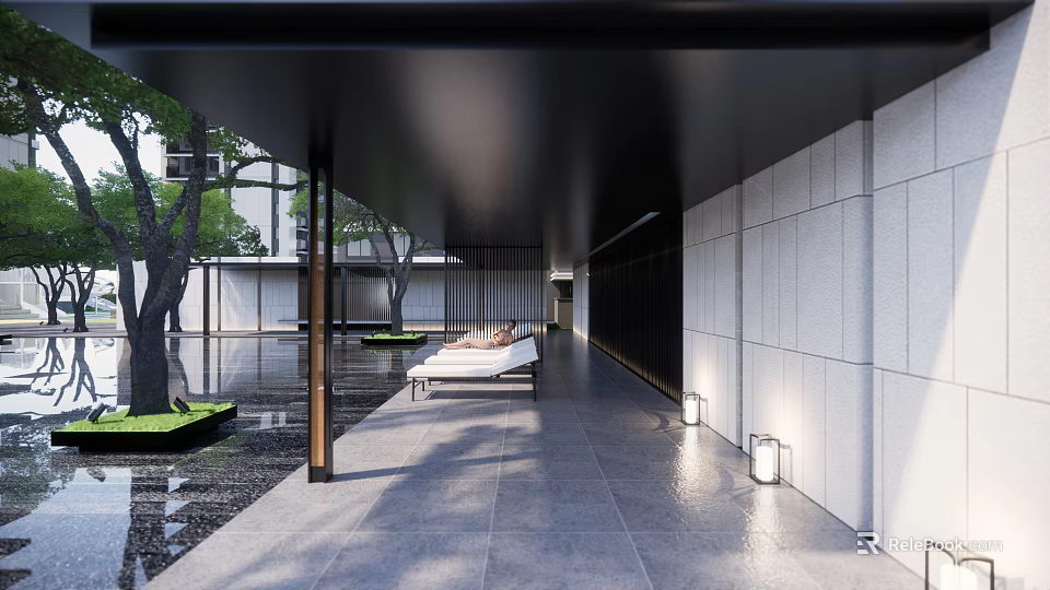 Modern Residential Landscape With Covered Walkway Water Pond Trees Lounge Seats And Wall Lights 3d model 