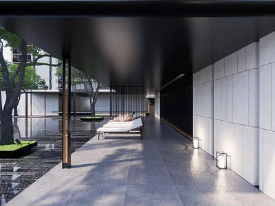 Modern Residential Landscape With Covered Walkway Water Pond Trees Lounge Seats And Wall Lights 3d model