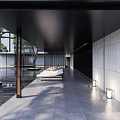 Modern Residential Landscape With Covered Walkway Water Pond Trees Lounge Seats And Wall Lights