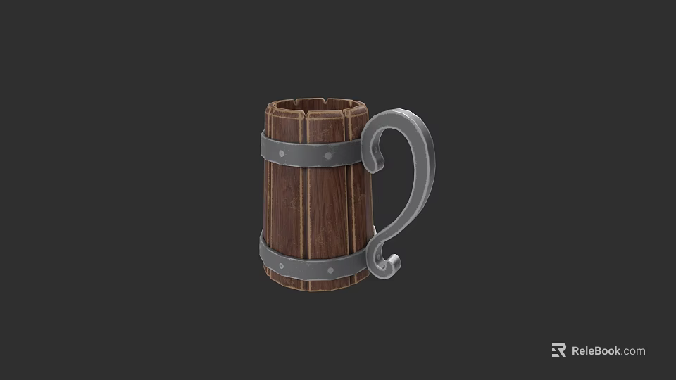 Wooden Mug with Metal Hoops and Curved Metal Handle on Dark Background 3d model 