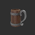 Wooden Mug with Metal Hoops and Curved Metal Handle on Dark Background