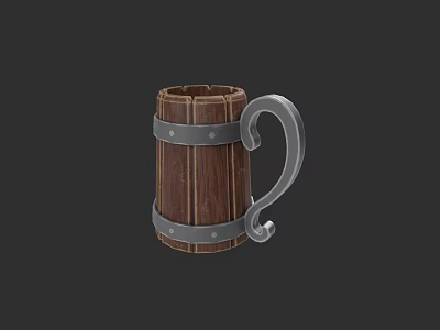 Wooden Mug with Metal Hoops and Curved Metal Handle on Dark Background 3d model