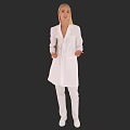 Blonde Woman Wearing White Long Coat Pants And Shoes Against Black Background