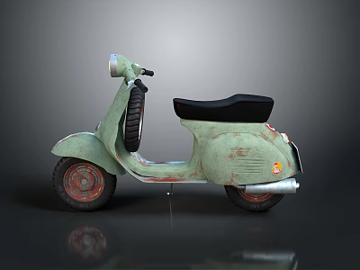 Vintage Light Green Scooter With Rusted Body Black Seat And Red Wheels 3d model
