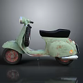 Vintage Light Green Scooter With Rusted Body Black Seat And Red Wheels
