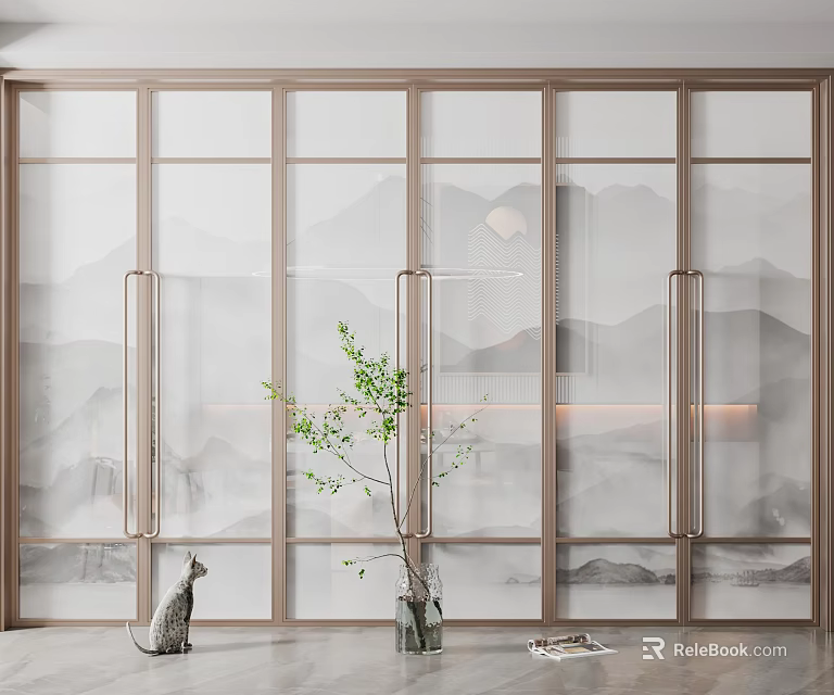 Elegant Indoor Double Glass Doors With Landscape Painting And Green Plant 3d model 