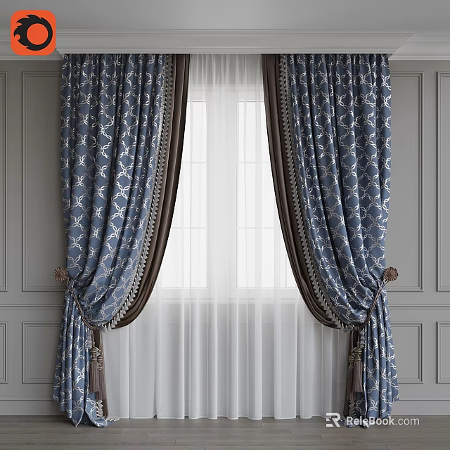 Elegant Blue Patterned Curtains With White Sheer And Brown Trim On Window 3d model 