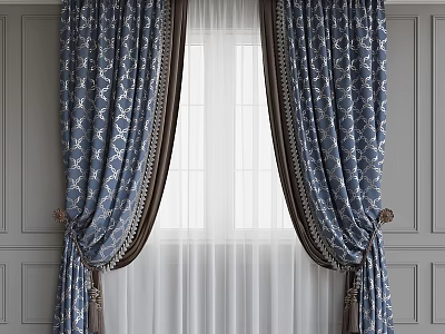 Elegant Blue Patterned Curtains With White Sheer And Brown Trim On Window 3d model
