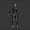 Woman With Purple Hair Blue Horns Black Top Plaid Accent Black Pants White Shoes