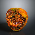 Detailed View of Rotten Apple with Moldy Spots and Decayed Flesh on Dark Background