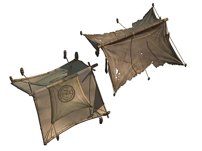 Old Worn Canvas Tents With Ripped Fabric And Wooden Poles For Outdoor Use 3d model