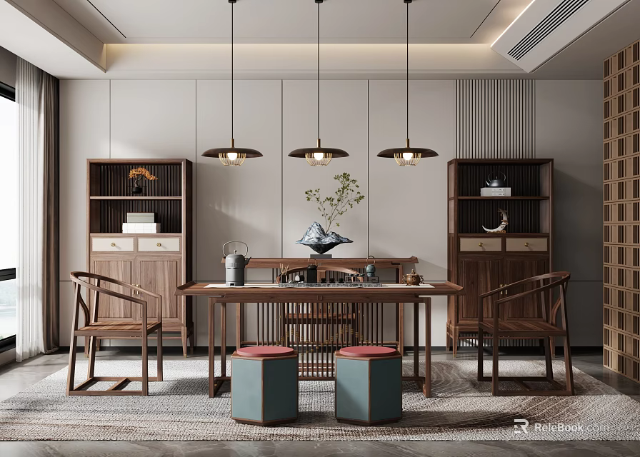 Chinese Tea Room Interior Design With Wooden Furniture Tea Sets Pendant Lights And Green Plants 3d model 