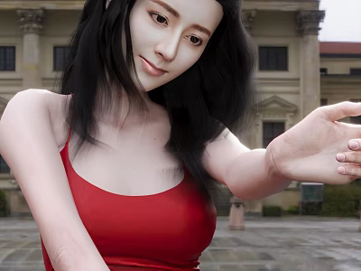 Woman In Red Spaghetti Strap Top With Long Black Hair In Front Of Classical Architecture 3d model