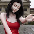 Woman In Red Spaghetti Strap Top With Long Black Hair In Front Of Classical Architecture