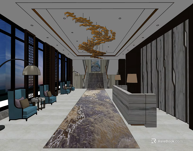 Hotel Lobby Interior Featuring Golden Chandelier Large Windows Blue Sofas And Reception Counter 3d model 