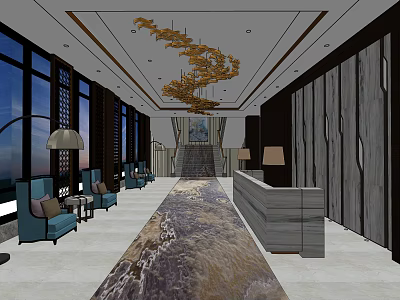 Hotel Lobby Interior Featuring Golden Chandelier Large Windows Blue Sofas And Reception Counter 3d model