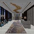 Hotel Lobby Interior Featuring Golden Chandelier Large Windows Blue Sofas And Reception Counter 3d model
