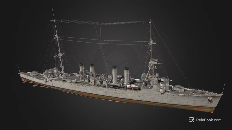 Vintage Warship Model Featuring Three Smokestacks Masts And Detailed Deck Structure 3d model