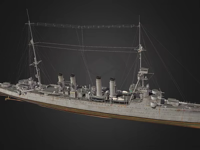 Vintage Warship Model Featuring Three Smokestacks Masts And Detailed Deck Structure 3d model
