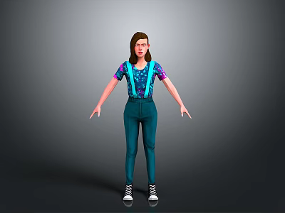 3D Character Model Wearing Blue Suspenders Pants Patterned T Shirt Purple Pink Sleeves Sneakers 3d model