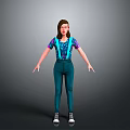 3D Character Model Wearing Blue Suspenders Pants Patterned T Shirt Purple Pink Sleeves Sneakers
