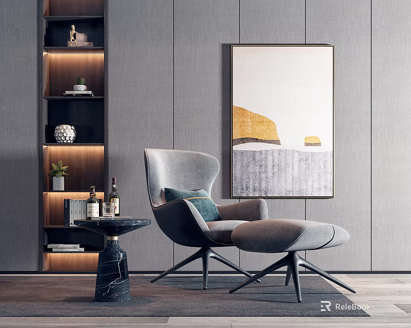 Modern Gray Single Sofa with Abstract Painting Side Table and Decorative Shelf 3d model