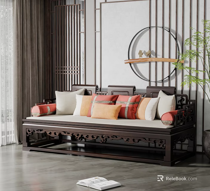 Traditional Chinese Multi Person Sofa With Carved Wooden Frame And Colorful Cushions 3d model 