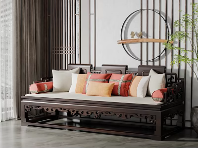 Traditional Chinese Multi Person Sofa With Carved Wooden Frame And Colorful Cushions 3d model