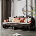 Traditional Chinese Multi Person Sofa With Carved Wooden Frame And Colorful Cushions