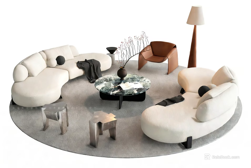 Modern White Sofa Set With Round Coffee Table Accent Chair And Floor Lamp 3d model 