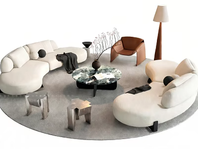 Modern White Sofa Set With Round Coffee Table Accent Chair And Floor Lamp 3d model