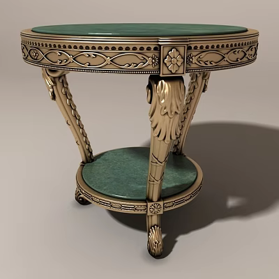 Classic Carved Round Side Table With Golden Frame Green Tabletop And Elegant Legs 3d model