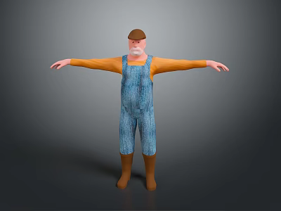 Man With Brown Hat White Beard In Orange Long Sleeve Shirt And Blue Overalls Standing With Arms Outstretched 3d model