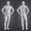 Man Wearing Navy Blue Sweater And Pants With Hands On Hips In Two Side Views