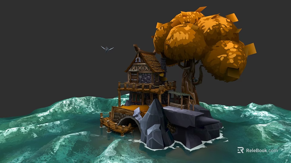 Micro Terrain Design Featuring Water House Large Tree Rocks And Waves 3d model 
