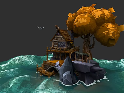 Micro Terrain Design Featuring Water House Large Tree Rocks And Waves 3d model