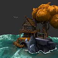 Micro Terrain Design Featuring Water House Large Tree Rocks And Waves 3d model