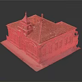 Classical Style Building Model With Sloped Red Tile Roof Stone Exterior Windows And Door
